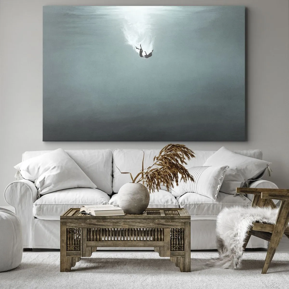 Obraz na płótnie - Postać zanurzająca się w głębokiej wodzie o turkusowym odcieniu - 70x50cm - W objęciach oceanu - Nowoczesna dekoracja ścienna do salonu i sypialni ARTTOR