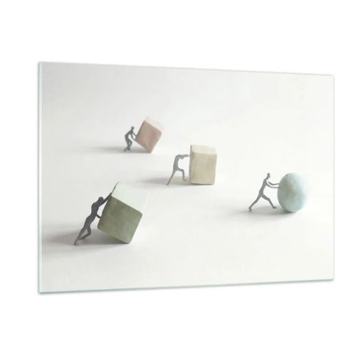 Obraz na szkle - Miniaturowe postacie toczą i pchają geometryczne bryły - 120x80cm - Samo życie - Nowoczesna dekoracja ścienna do salonu, kuchni i sypialni ARTTOR