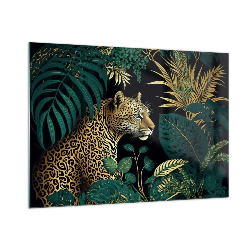 Obraz na szkle - Lampart pośród tropikalnych liści na ciemnym tle - 100x70cm - Gospodarz w dżungli - Nowoczesna dekoracja ścienna do salonu, kuchni i sypialni ARTTOR
