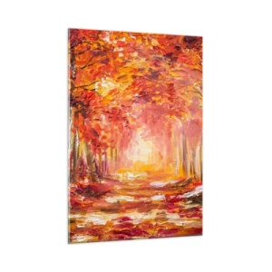 Obraz na szkle - Jesienny krajobraz z drzewami w ciepłych barwach - 50x70cm - Miedziany las - Nowoczesna dekoracja ścienna do salonu, kuchni i sypialni ARTTOR