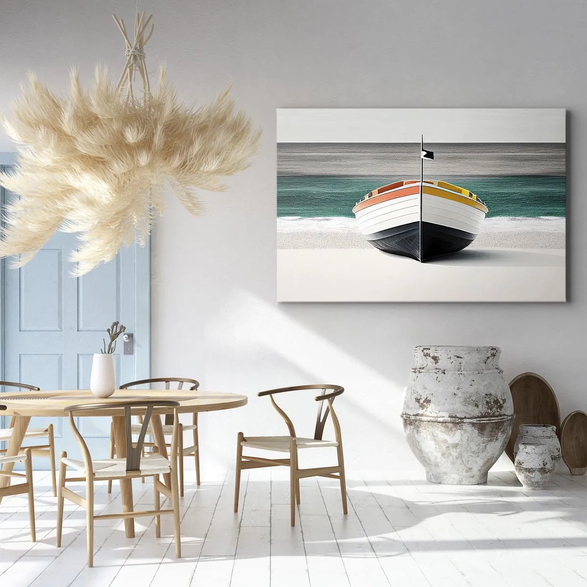 Obraz na płótnie - Łódź na plaży z turkusowym morzem w tle - 70x50cm - Na swoim miejscu - Nowoczesna dekoracja ścienna do salonu i sypialni ARTTOR