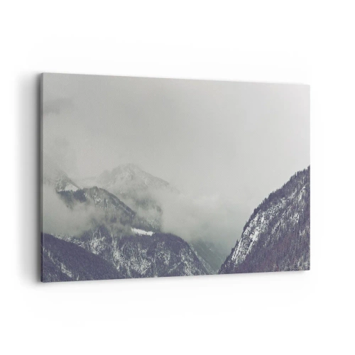 Obraz na płótnie - Górska dolina spowita mgłą w odcieniach szarości - 120x80cm - Omglona dolina - Nowoczesna dekoracja ścienna do salonu, kuchni i sypialni ARTTOR