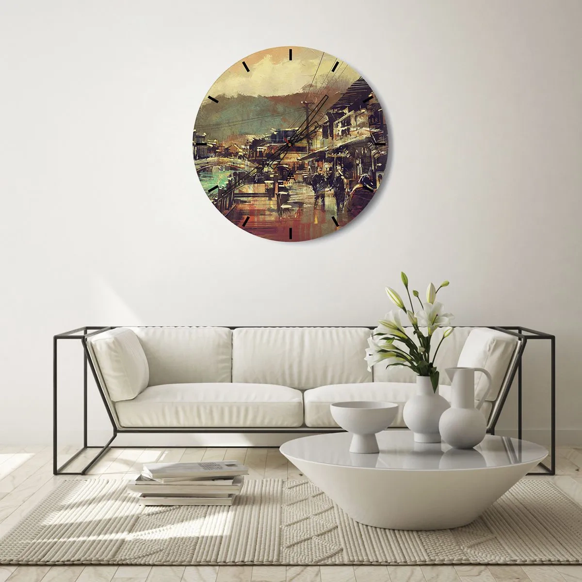 Zegar ścienny - Malarska scena miejskiej ulicy z mostem i górami w tle - 30x30cm - Życie jako bogactwo szarości - Nowoczesna dekoracja ścienna do salonu, kuchni i sypialni ARTTOR