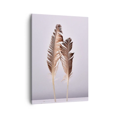 Obraz na płótnie - Dwie brązowe pióra na jasnym tle - 50x70cm - Przeciw nicości - Nowoczesna dekoracja ścienna do salonu, kuchni i sypialni ARTTOR