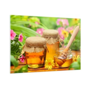 Obraz na szkle - Słoiki z miodem na tle kwiatów w ogrodzie - 100x70cm - Słodko i kwiatowo - Nowoczesna dekoracja ścienna do salonu, kuchni i sypialni ARTTOR