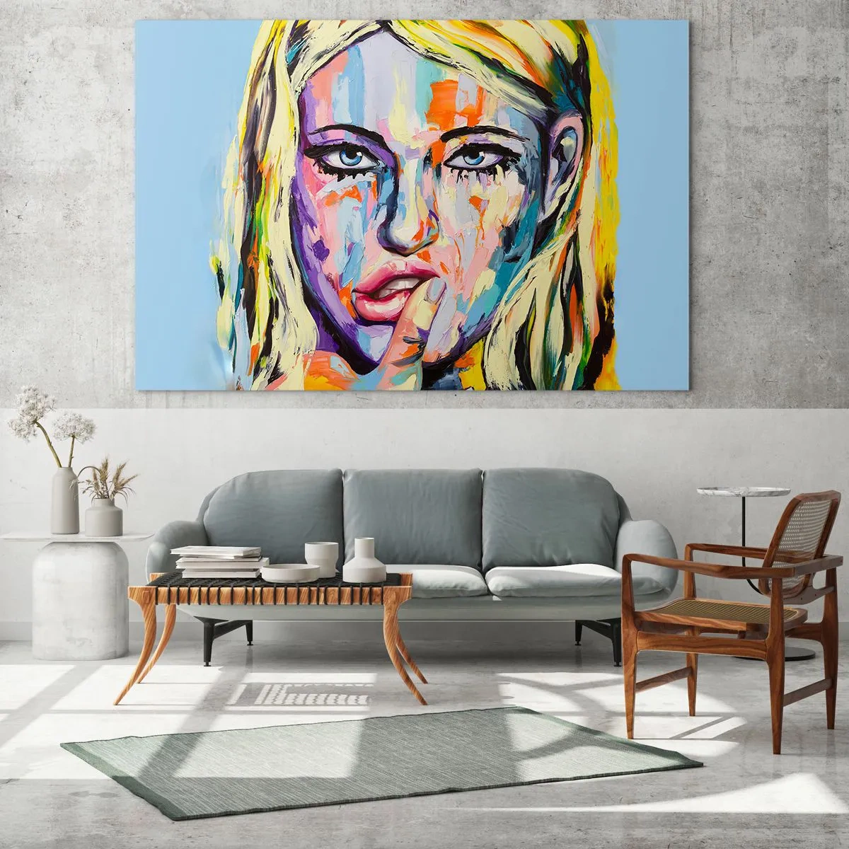 Obraz na szkle - Kolorowy portret kobiety z wyrazem zamyślenia - 120x80cm - Spójrz jej prosto w oczy - Nowoczesna dekoracja ścienna do salonu, kuchni i sypialni ARTTOR