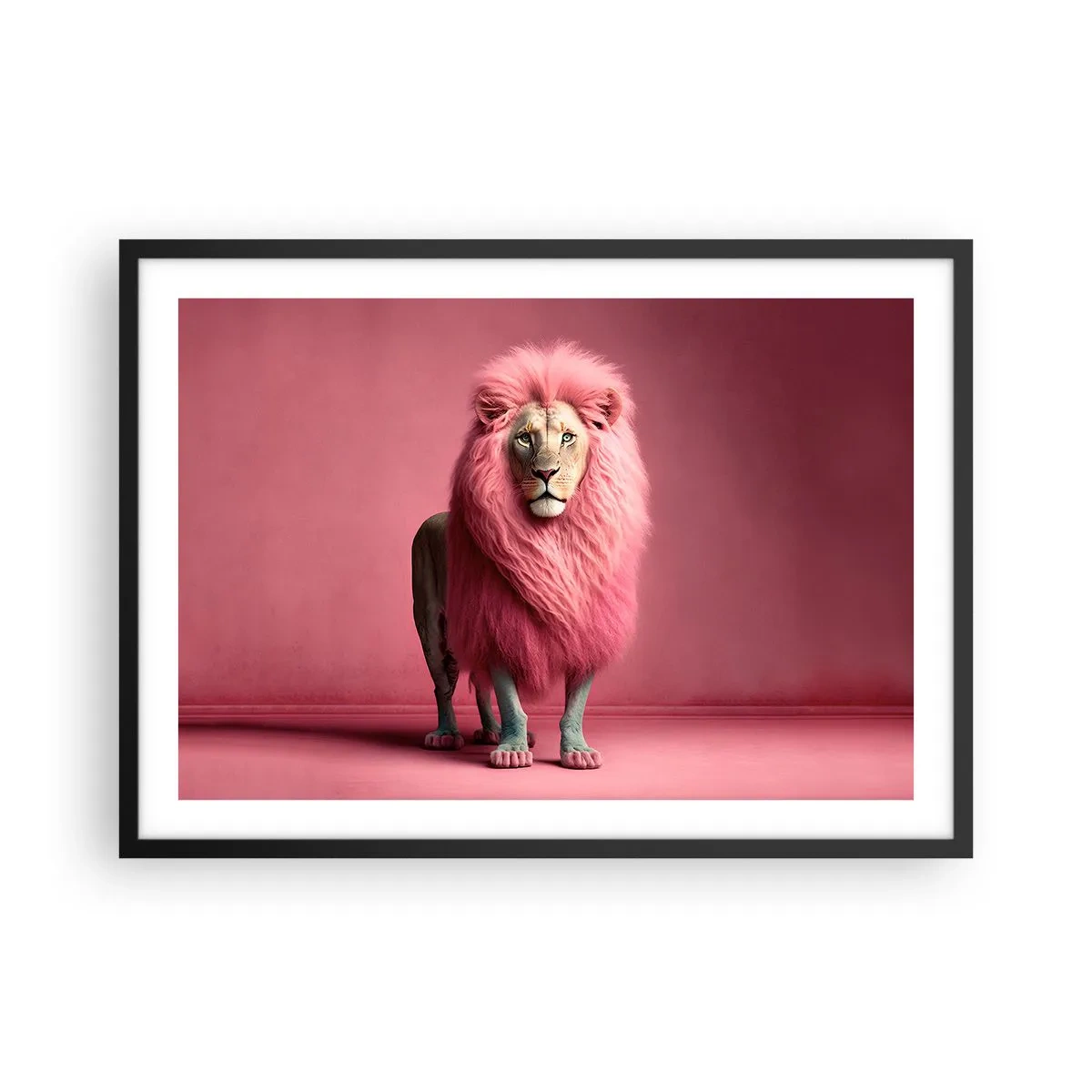 Plakat w czarnej ramie - Lew z różową grzywą na różowym tle w artystycznym ujęciu - 70x50cm - I już się nie boisz - Nowoczesna dekoracja ścienna do salonu i sypialni ARTTOR