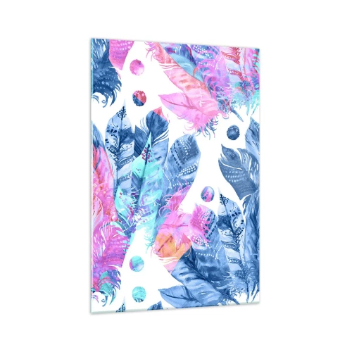 Obraz na szkle - Abstrakcyjny wzór z kolorowymi piórami w pastelowych odcieniach - 70x100cm - Pióropusze w różu i błękicie - Nowoczesna dekoracja ścienna do salonu i sypialni ARTTOR