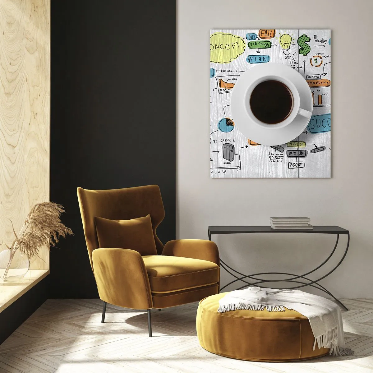 Obraz na szkle - Filiżanka kawy na tle rysunkowego planu koncepcyjnego - 80x120cm - Czas na przerwę - Nowoczesna dekoracja ścienna do salonu i sypialni ARTTOR