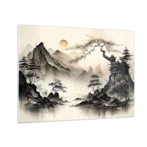 Obraz na szkle - Orientalny pejzaż górski z pagodą i drzewami - 70x50cm - Niepowtarzalny urok orientu - Nowoczesna dekoracja ścienna do salonu i sypialni ARTTOR