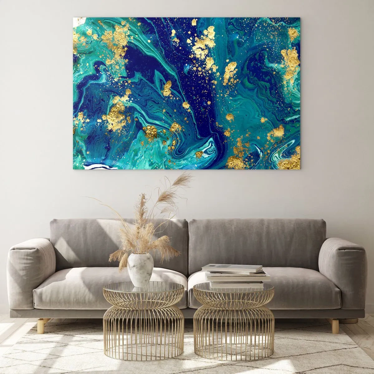 Obraz na szkle - Abstrakcyjny wzór w odcieniach turkusu i granatu z złotymi akcentami - 70x50cm - Płatki słońca - Nowoczesna dekoracja ścienna do salonu i sypialni ARTTOR