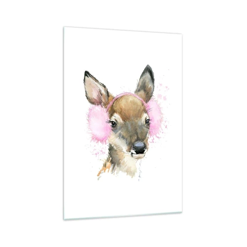 Obraz na szkle - Akwarelowy jeleń w różowych nausznikach - 70x100cm - I mróz już niestraszny - Nowoczesna dekoracja ścienna do salonu i sypialni ARTTOR