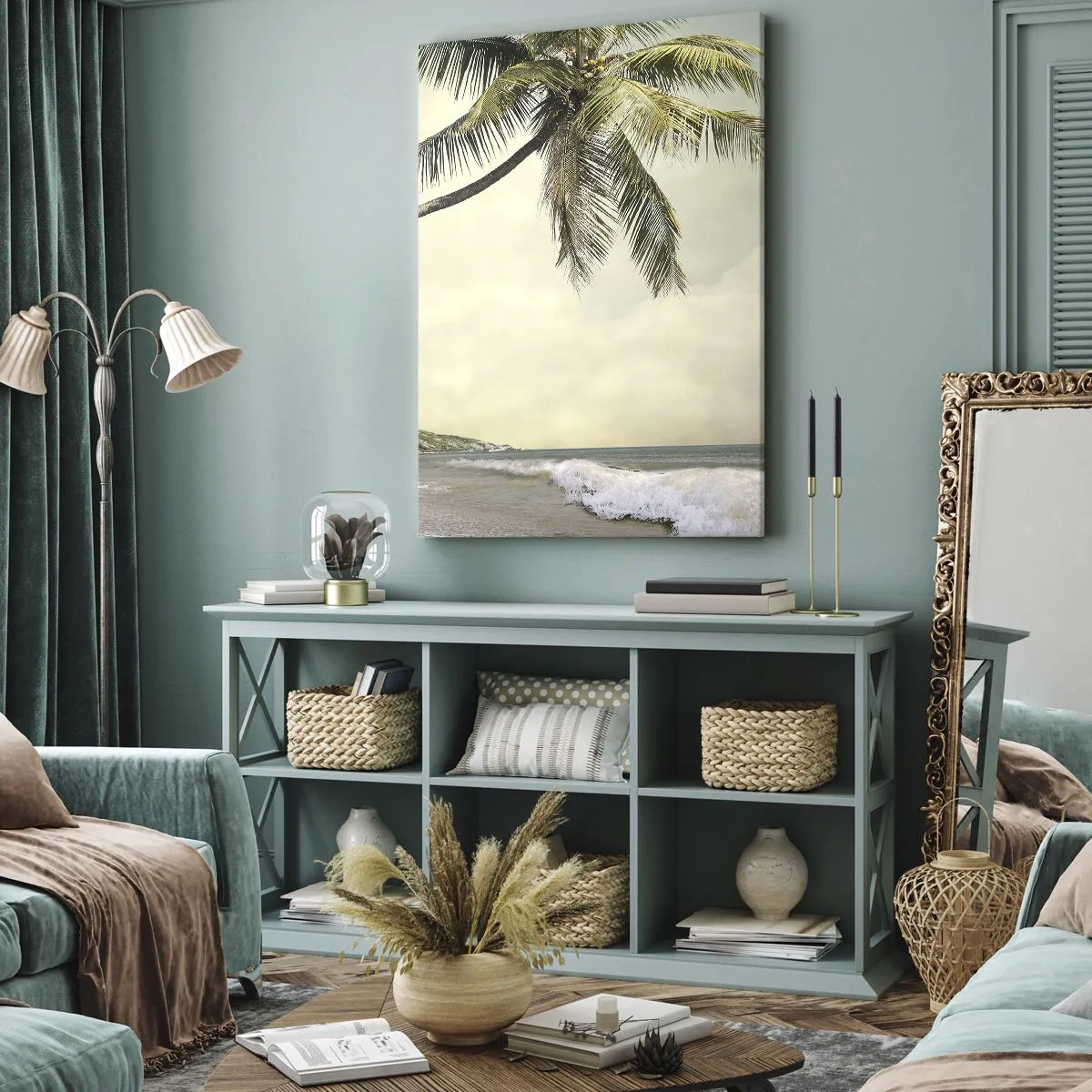 Obraz na płótnie - Palma nad tropikalną plażą z falującym morzem - 50x70cm - Tropikalne marzenie - Nowoczesna dekoracja ścienna do salonu, kuchni i sypialni ARTTOR