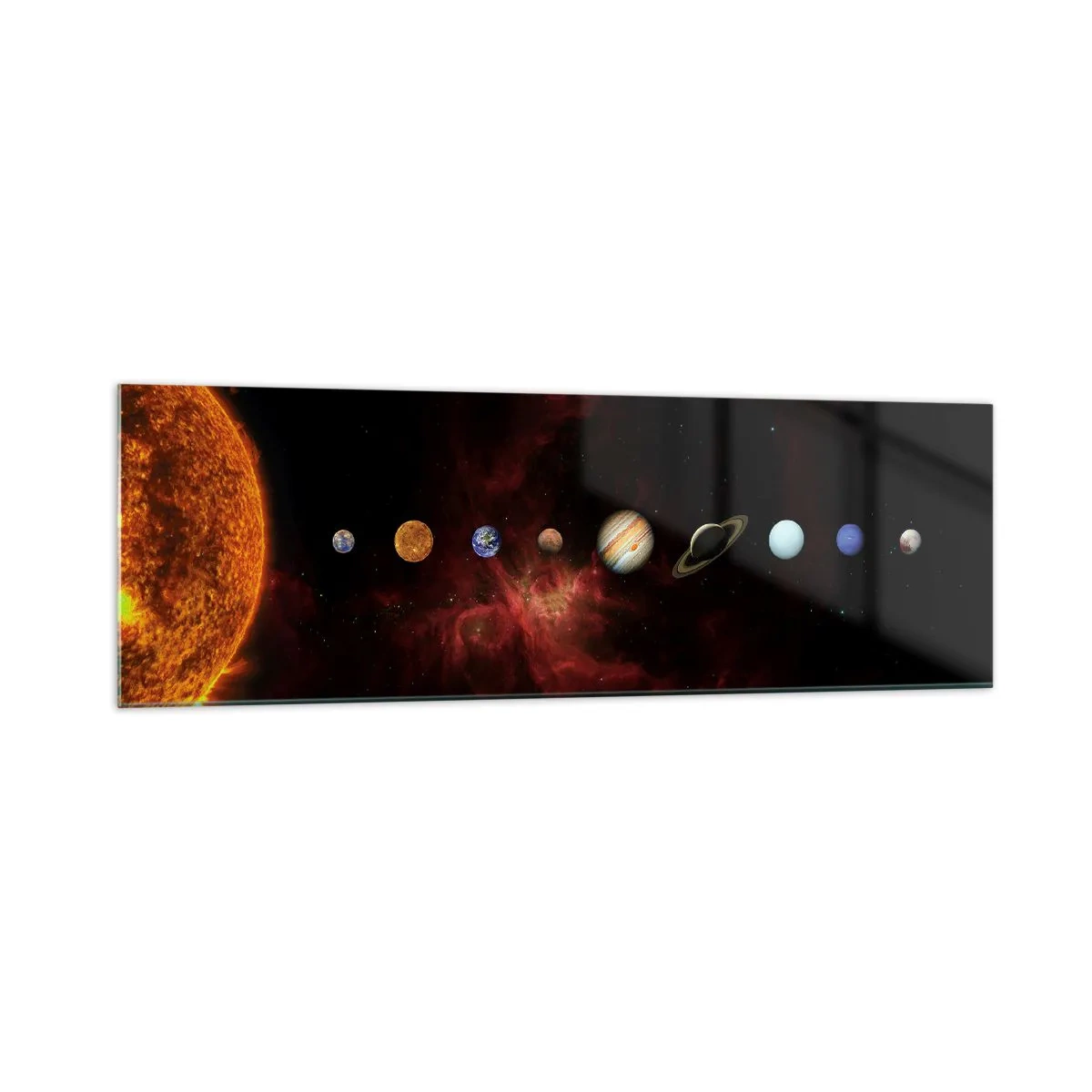 Obraz na szkle - Układ słoneczny z planetami na tle kosmosu - 160x50cm - Nasza okolica - Nowoczesna dekoracja ścienna do salonu i sypialni ARTTOR