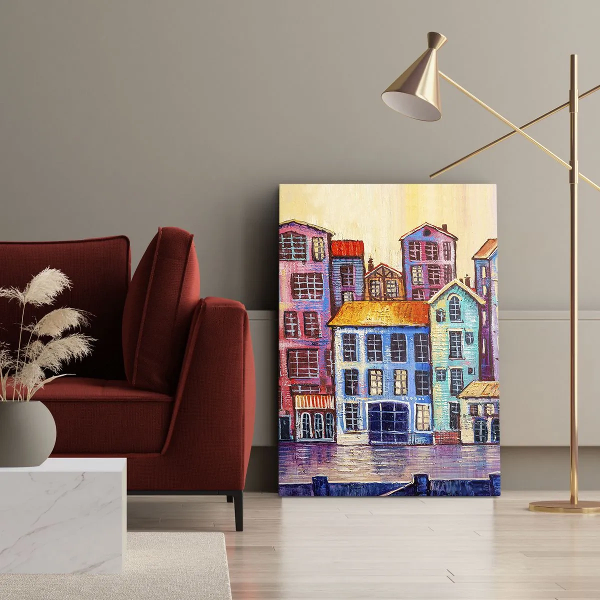 Obraz na płótnie - Kolorowe kamienice odbijające się w wodzie w bajkowym stylu - 50x70cm - Miasto jak z bajki - Nowoczesna dekoracja ścienna do salonu, kuchni i sypialni ARTTOR