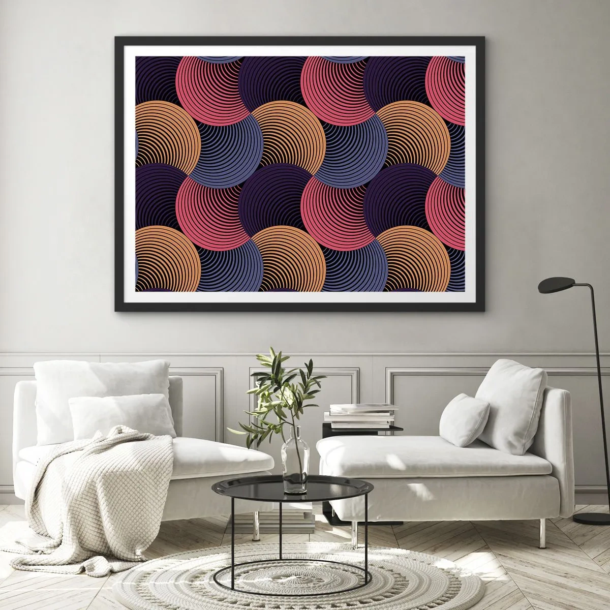 Plakat w czarnej ramie - Geometryczne kręgi w odcieniach różu, fioletu i złota - 70x50cm - W kolistym rytmie - Nowoczesna dekoracja ścienna do salonu i sypialni ARTTOR