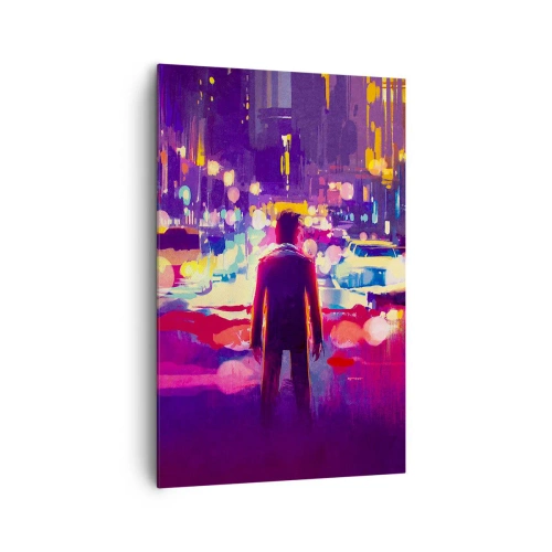 Obraz na płótnie - Mężczyzna w neonowej scenerii miejskiej nocy - 80x120cm - Zanurzony w świetle - Nowoczesna dekoracja ścienna do salonu i sypialni ARTTOR