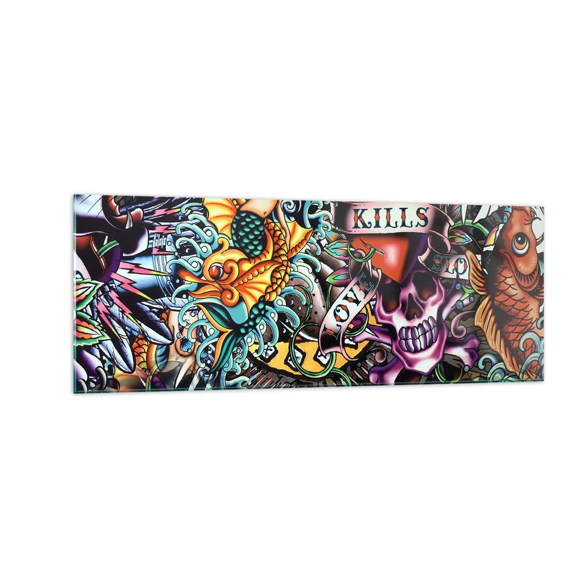 Obraz na szkle - Kolorowa grafika w stylu tatuażowym z czaszkami i motywami morskimi - 140x50cm - Sen tatuażysty - Nowoczesna dekoracja ścienna do salonu i sypialni ARTTOR