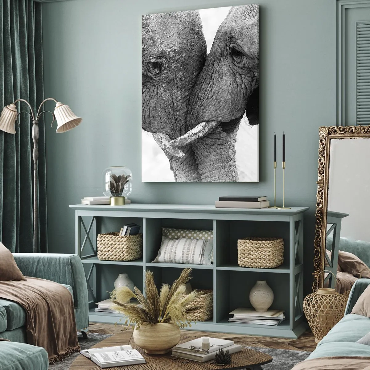 Obraz na płótnie - Dwa słonie splatające się trąbami w czerni i bieli - 50x70cm - Serdeczne wyznanie - Nowoczesna dekoracja ścienna do salonu, kuchni i sypialni ARTTOR