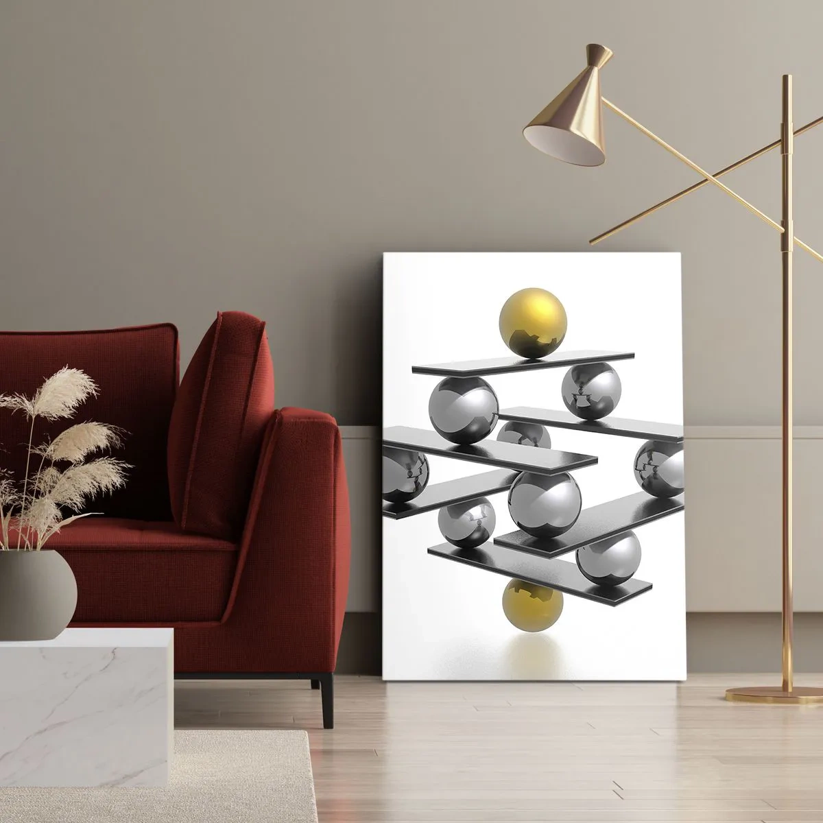 Obraz na płótnie - Abstrakcyjna kompozycja lustrzanych kul i platform - 50x70cm - Złoto-srebrna równowaga - Nowoczesna dekoracja ścienna do salonu, kuchni i sypialni ARTTOR