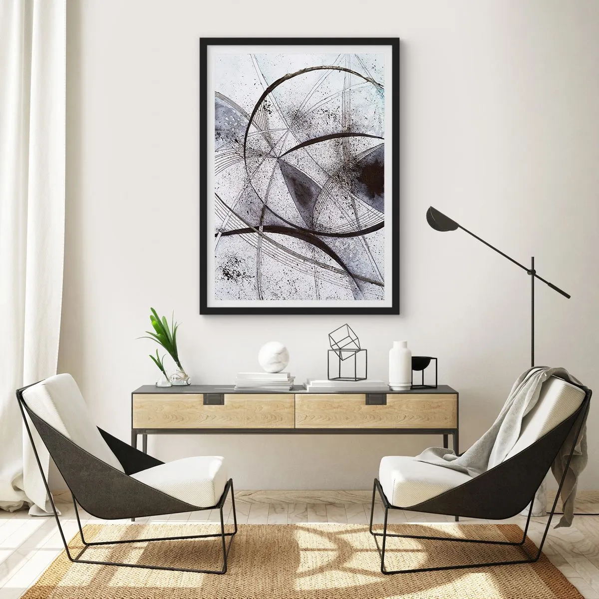Plakat w czarnej ramie - Abstrakcyjna kompozycja geometrycznych linii i okręgów - 50x70cm - Futurystyczna fantazja - Nowoczesna dekoracja ścienna do salonu i sypialni ARTTOR