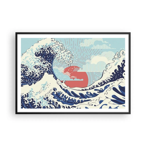 Plakat w czarnej ramie - Fale oceanu i zachodzące słońce w stylu japońskim - 100x70cm - Z japońskich inspiracji - Nowoczesna dekoracja ścienna do salonu i sypialni ARTTOR