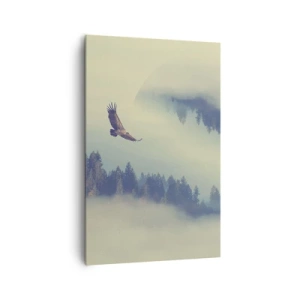 Obraz na płótnie - Orzeł w locie na tle mglistych gór z artystycznym motywem koła - 80x120cm - Widziałam orła cień - Nowoczesna dekoracja ścienna do salonu i sypialni ARTTOR