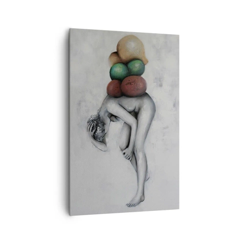 Obraz na płótnie - Surrealistyczny obraz nagiej postaci dźwigającej kolorowe kule - 80x120cm - Ciężar życia - Nowoczesna dekoracja ścienna do salonu i sypialni ARTTOR