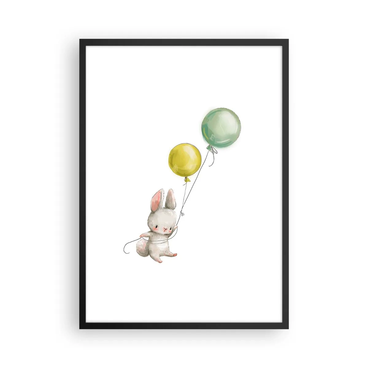 Plakat w czarnej ramie - Też polecę! - Królik trzymający dwa balony w zielonym i żółtym kolorze - 50x70cm
