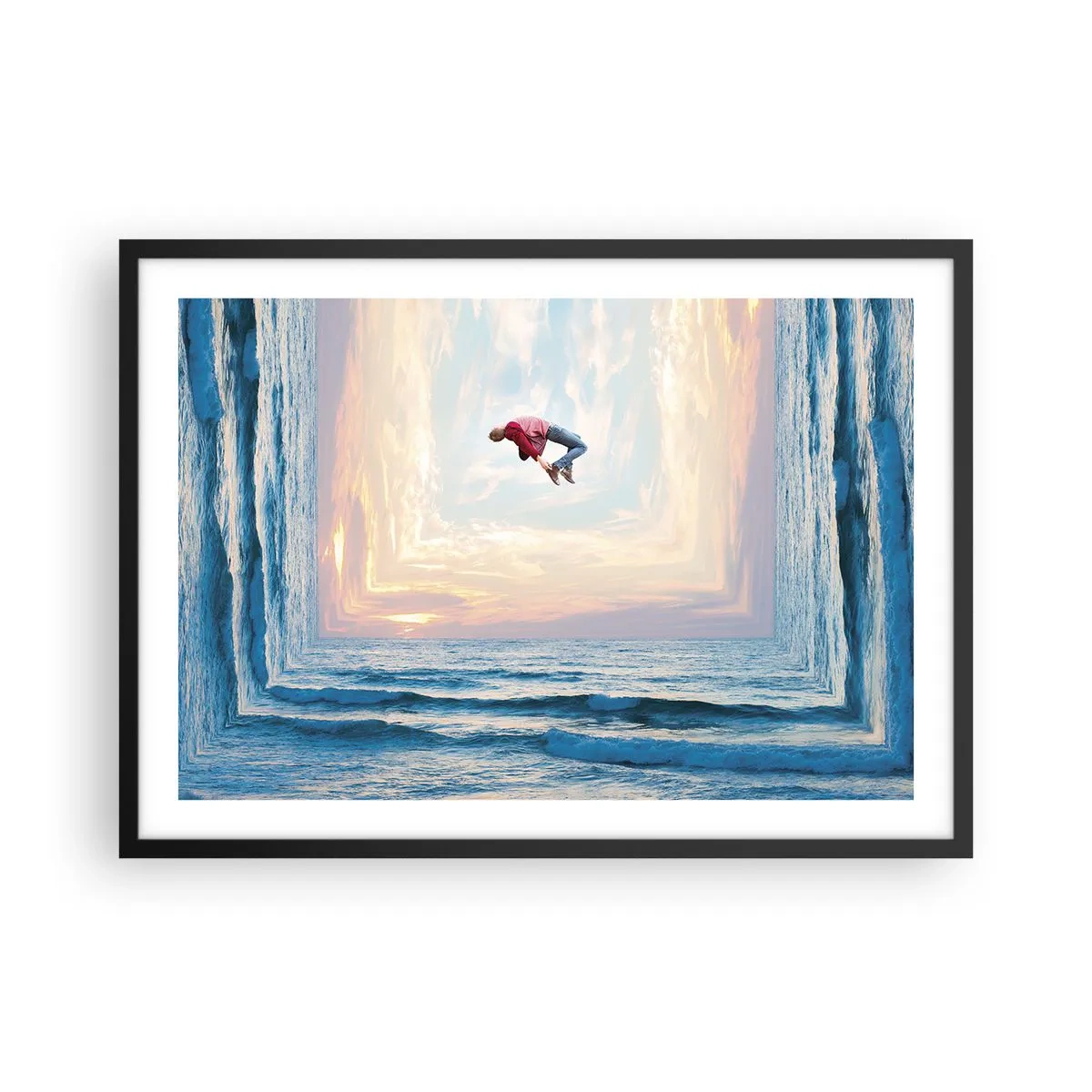 Plakat w czarnej ramie - Surrealistyczny skok nad morzem w ramie - 70x50cm - Do innego wymiaru - Nowoczesna dekoracja ścienna do salonu i sypialni ARTTOR