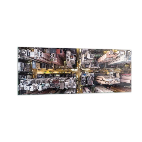 Obraz na szkle - Widok z lotu ptaka na miasto pełne drapaczy chmur - 140x50cm - Pozdrowienia z Hongkongu - Nowoczesna dekoracja ścienna do salonu i sypialni ARTTOR