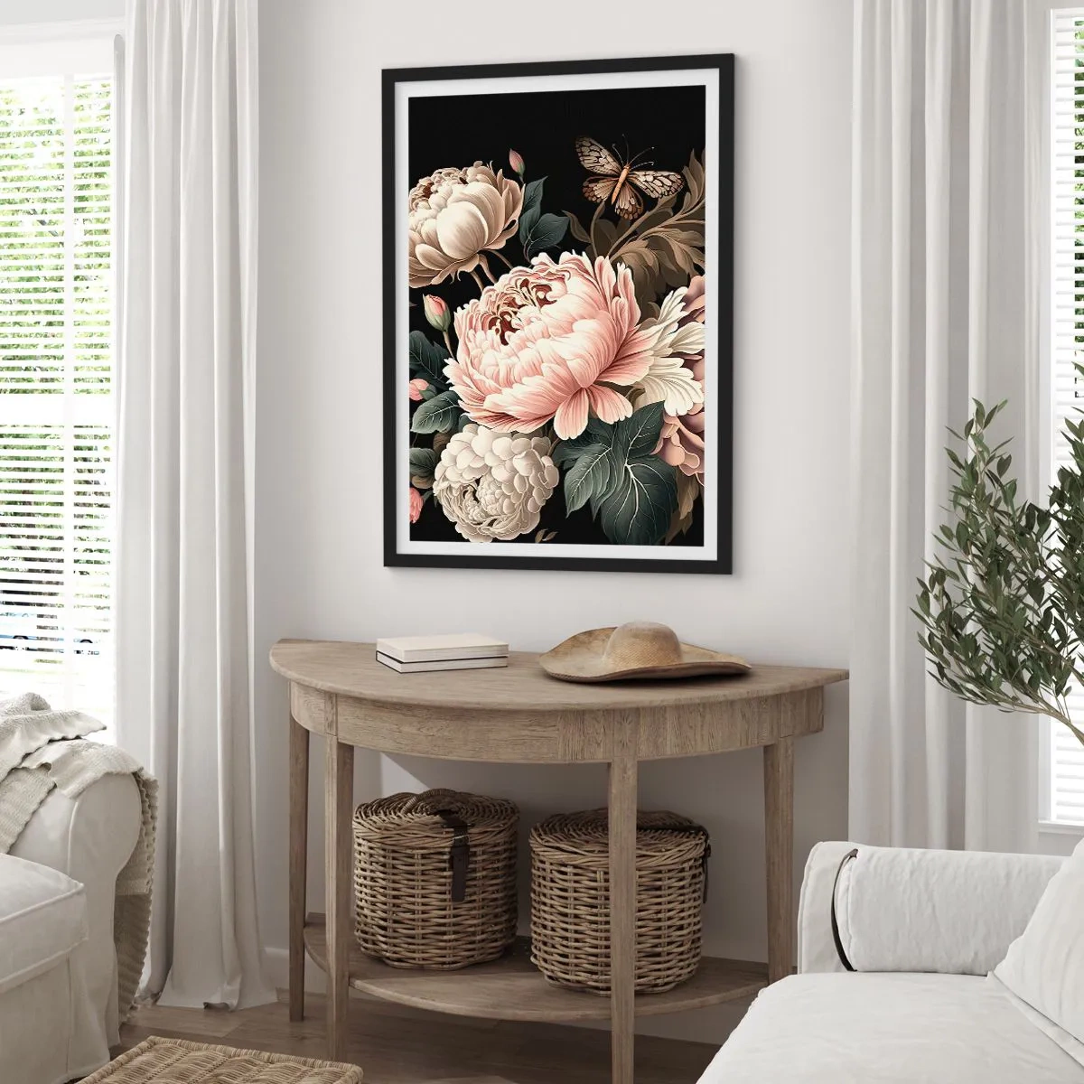 Plakat w czarnej ramie - Eleganckie piwonie i motyl na czarnym tle - 50x70cm - W barokowym stylu - Nowoczesna dekoracja ścienna do salonu i sypialni ARTTOR