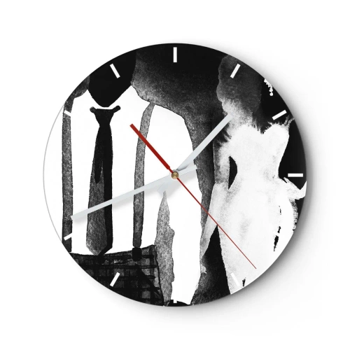 Zegar ścienny - Sylwetki kobiety i mężczyzny w czarno-białym klimacie noir - 30x30cm - W klimacie noir - Nowoczesna dekoracja ścienna do salonu, kuchni i sypialni ARTTOR