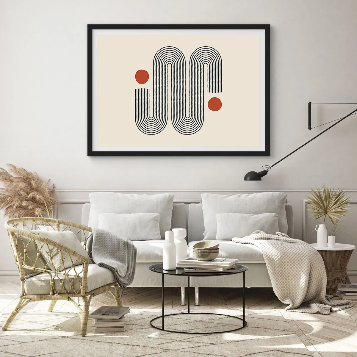 Plakat w czarnej ramie - Geometryczny wzór z liniami i pomarańczowymi okręgami - 70x50cm - Od początku do końca - Nowoczesna dekoracja ścienna do salonu i sypialni ARTTOR