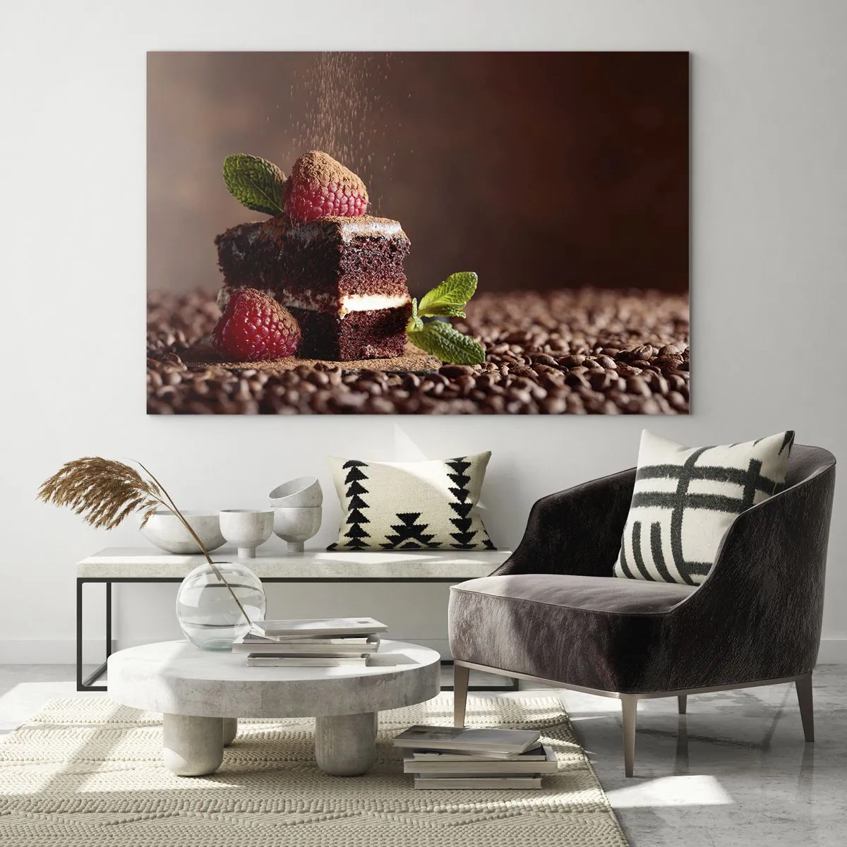 Obraz na szkle - Deser czekoladowy z malinami i listkami mięty - 70x50cm - Życie jest słodkie - Nowoczesna dekoracja ścienna do salonu i sypialni ARTTOR