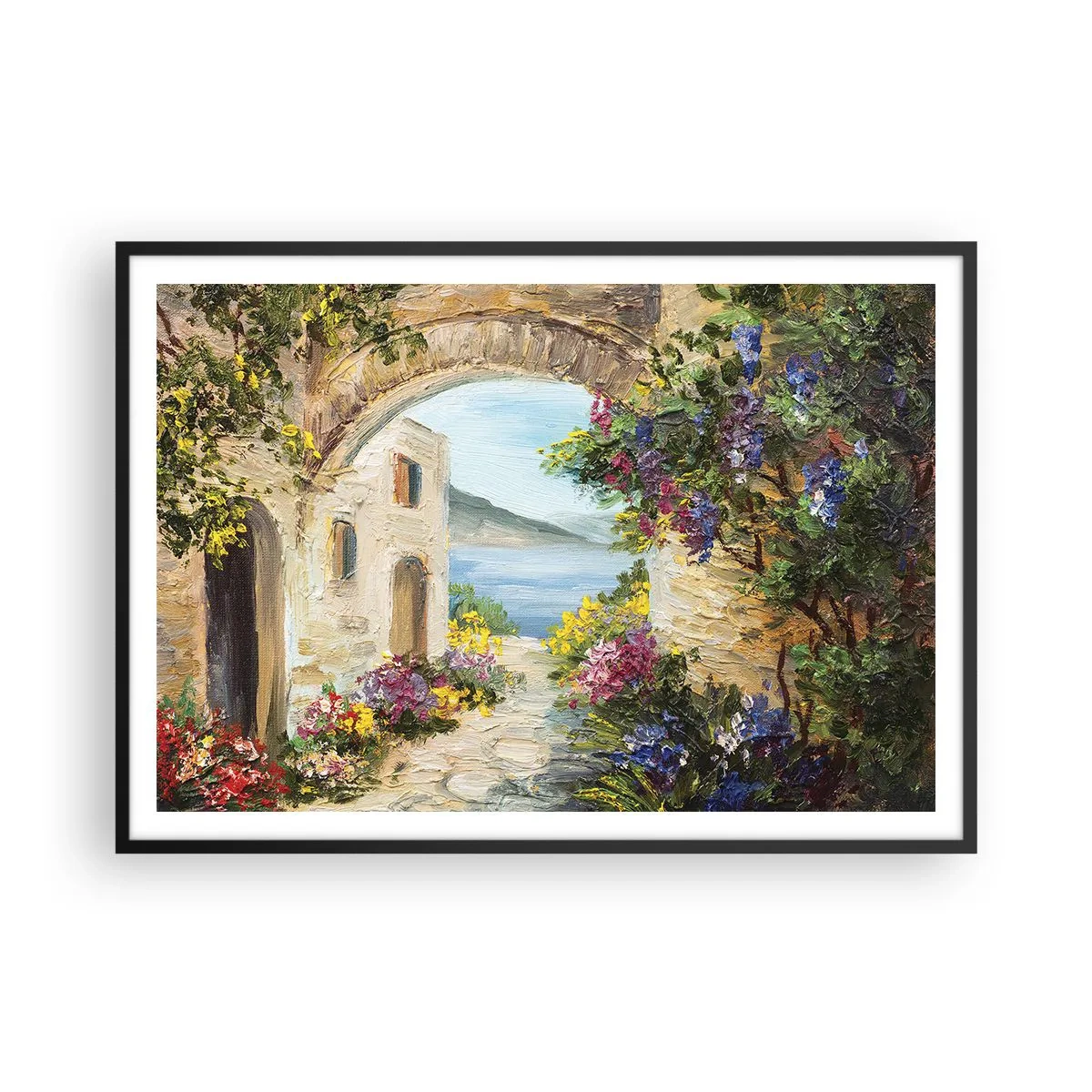 Plakat w czarnej ramie - Nadmorski krajobraz z kamiennymi budynkami i kwiatami - 100x70cm - Urok nadmorskiej prowincji - Nowoczesna dekoracja ścienna do salonu i sypialni ARTTOR