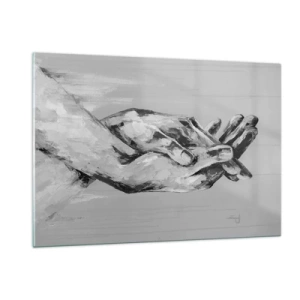 Obraz na szkle - Black and white painting of two hands reaching for each other - 120x80cm - Początek… - Nowoczesna dekoracja ścienna do salonu, kuchni i sypialni ARTTOR