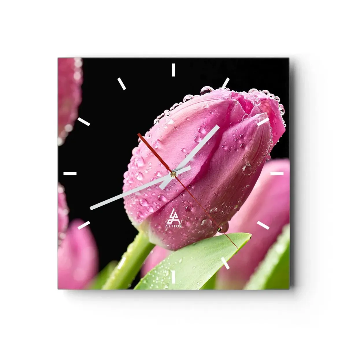 Zegar ścienny - Różowy tulipan z kroplami wody na czarnym tle - 30x30cm - Liliowy sen w rosie - Nowoczesna dekoracja ścienna do salonu i sypialni ARTTOR