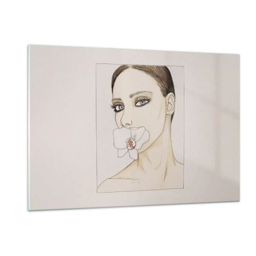 Obraz na szkle - Portret kobiety z orchideą w ustach na jasnym tle - 120x80cm - Symbol elegancji i piękna - Nowoczesna dekoracja ścienna do salonu, kuchni i sypialni ARTTOR