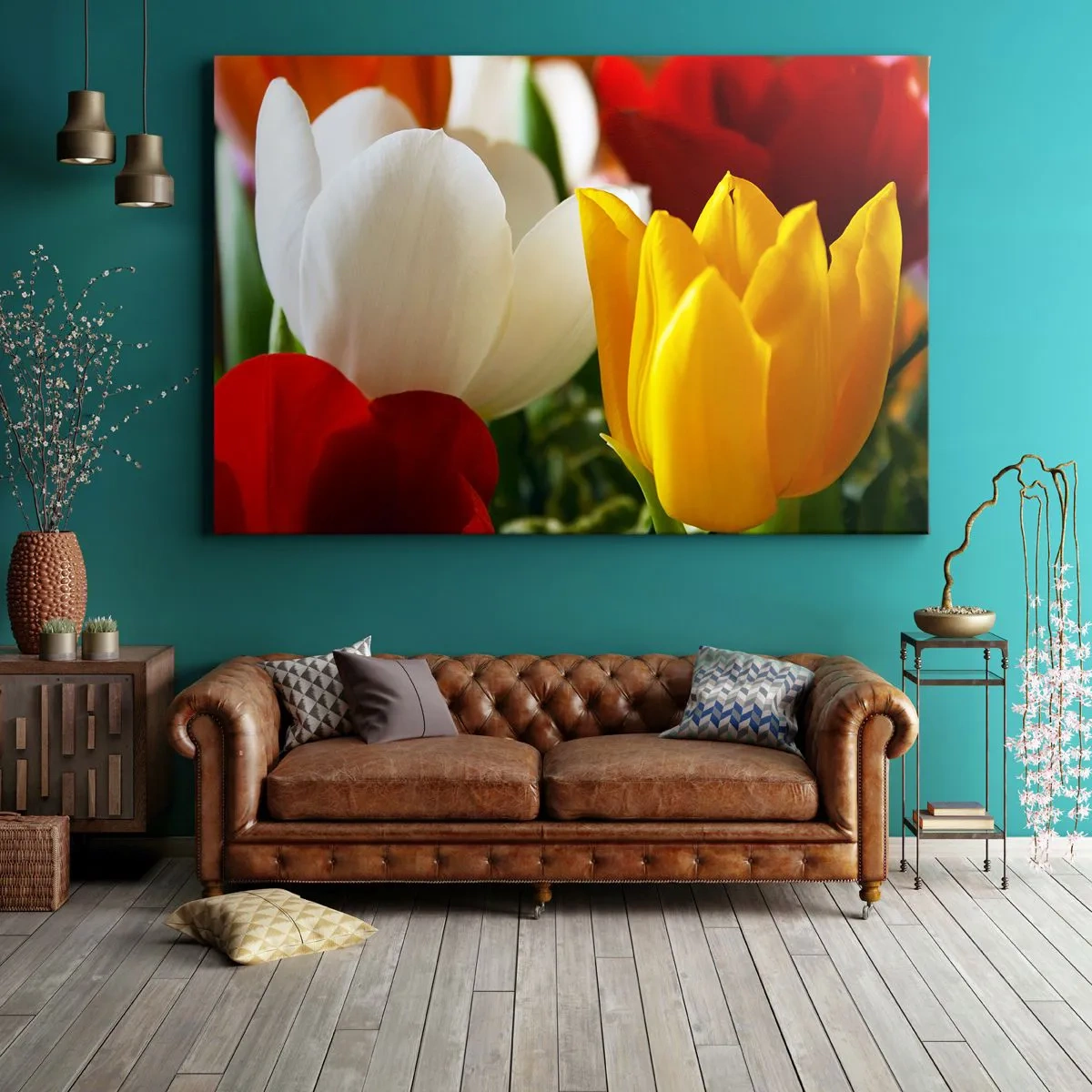 Obraz na płótnie - Kolorowe tulipany w zbliżeniu na wiosennym tle - 120x80cm - Tulipanowa gorączka - Nowoczesna dekoracja ścienna do salonu, kuchni i sypialni ARTTOR