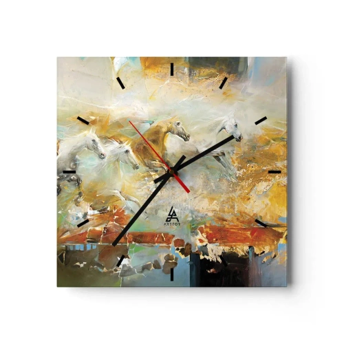 Zegar ścienny - Artystyczne konie w dynamicznej scenerii pełnej kolorów - 30x30cm - Galopem przez światło - Nowoczesna dekoracja ścienna do salonu i sypialni ARTTOR