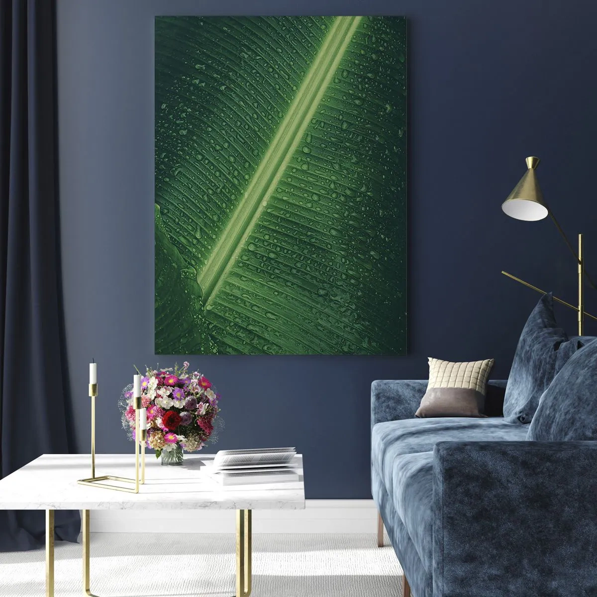 Obraz na szkle - Zbliżenie na zielony liść z kroplami wody - 50x70cm - Struktura zieleni - Nowoczesna dekoracja ścienna do salonu, kuchni i sypialni ARTTOR