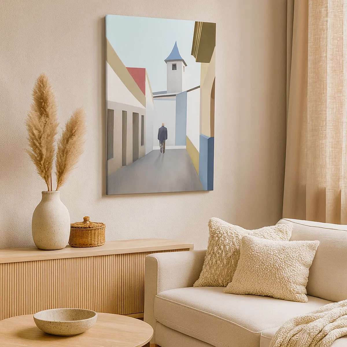 Obraz na płótnie - Mężczyzna spacerujący wąską uliczką w minimalistycznym otoczeniu - 50x70cm - Słoneczny spacer - Nowoczesna dekoracja ścienna do salonu, kuchni i sypialni ARTTOR