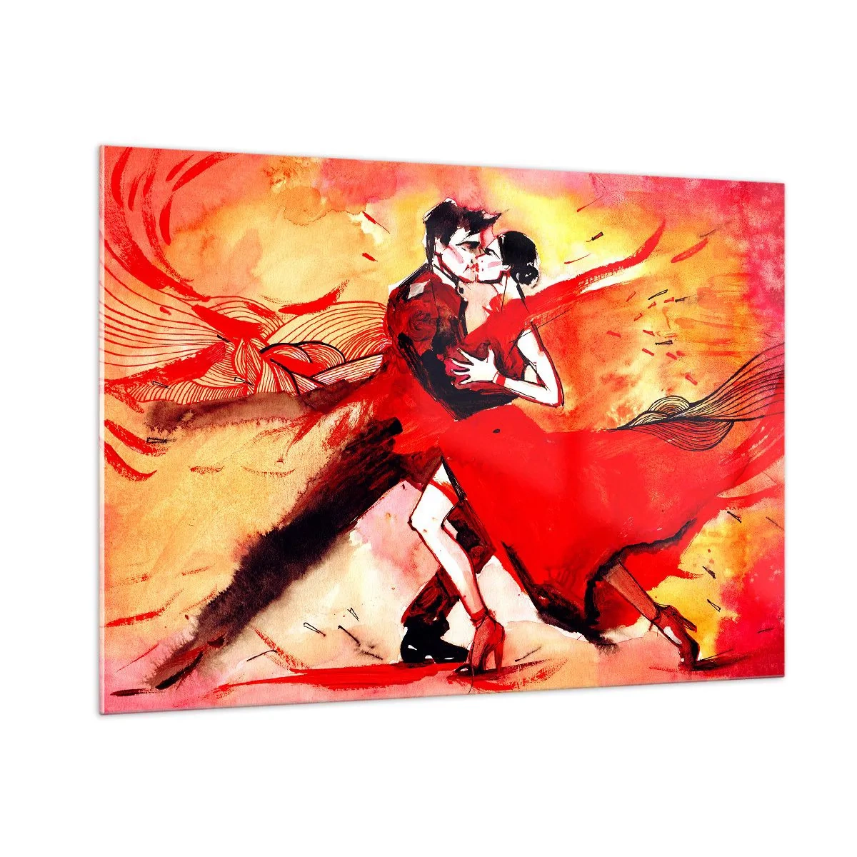 Obraz na szkle - Taniec pary w dynamicznej czerwonej kompozycji - 100x70cm - Purpurowy rytm namiętności - Nowoczesna dekoracja ścienna do salonu, kuchni i sypialni ARTTOR