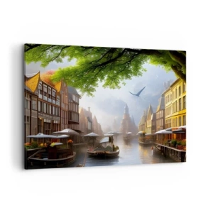 Obraz na płótnie - Malowniczy niderlandzki pejzaż z kanałem i kamienicami - 120x80cm - Niderlandzki pejzaż miejski - Nowoczesna dekoracja ścienna do salonu, kuchni i sypialni ARTTOR