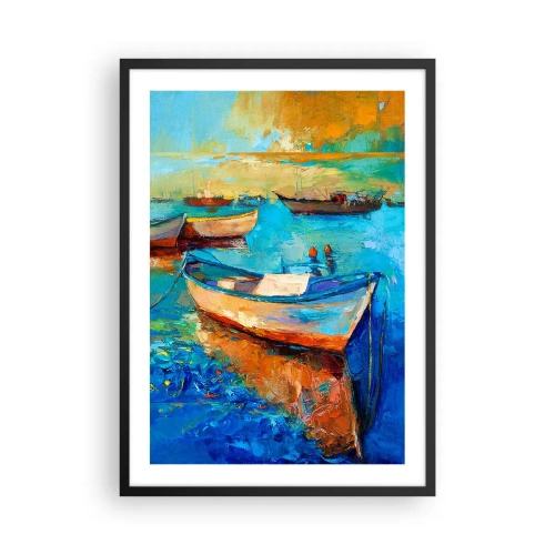 Plakat w czarnej ramie - Kolorowe łodzie na wodzie w impresjonistycznym stylu - 50x70cm - W południowej zatoce - Nowoczesna dekoracja ścienna do salonu i sypialni ARTTOR