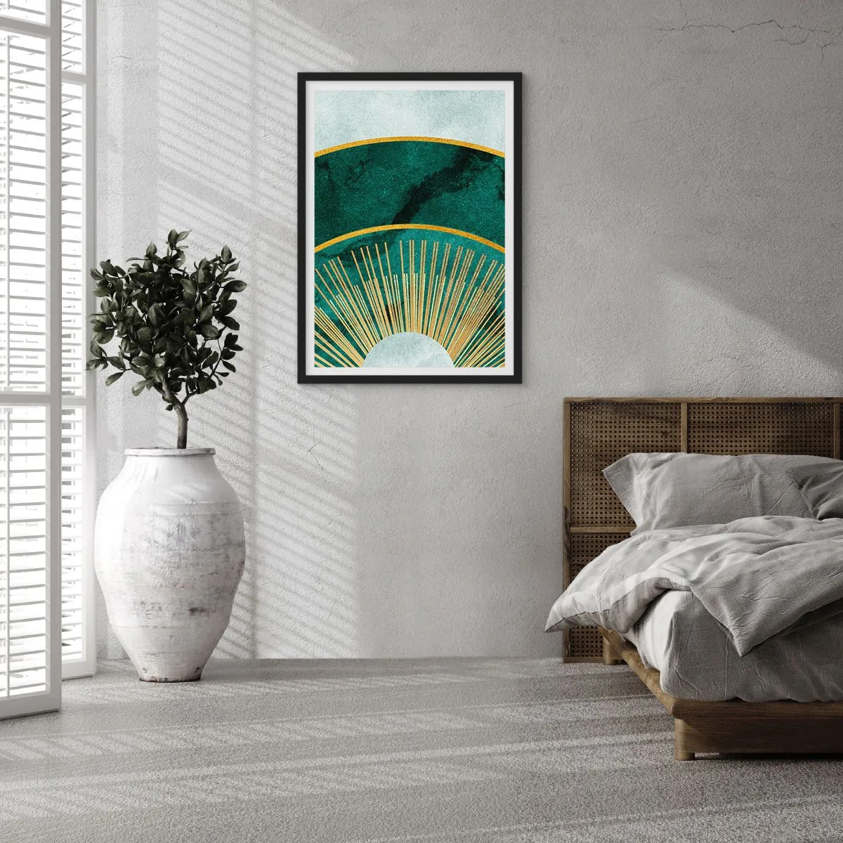 Plakat w czarnej ramie - Elegancka kompozycja geometryczna w odcieniach zieleni i złota - 50x70cm - Inny układ słoneczny - Nowoczesna dekoracja ścienna do salonu i sypialni ARTTOR