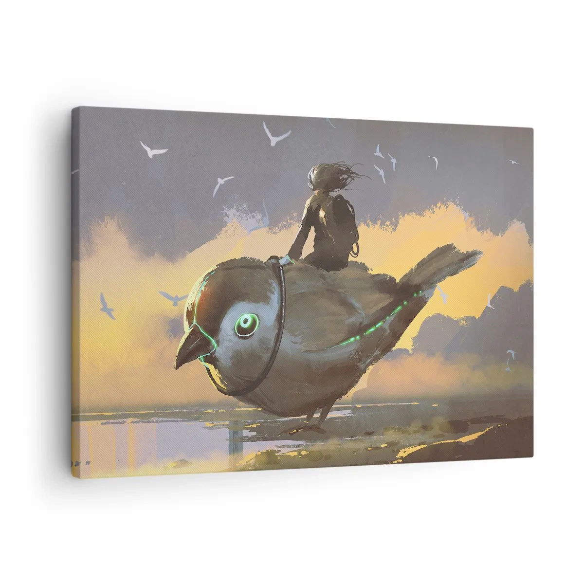 Obraz na płótnie - Jeździec na gigantycznym ptaku w surrealistycznym krajobrazie - 70x50cm - Przystanek w fantastycznej podróźy - Nowoczesna dekoracja ścienna do salonu i sypialni ARTTOR
