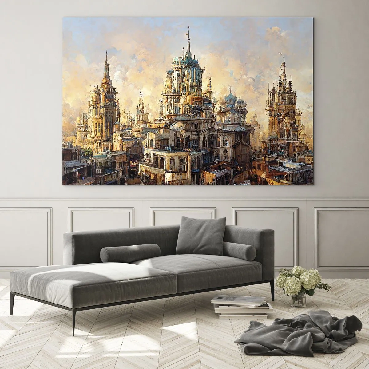 Obraz na szkle - Fantazyjna panorama miasta z wieżami i pałacami - 120x80cm - Miasto miast - Nowoczesna dekoracja ścienna do salonu, kuchni i sypialni ARTTOR