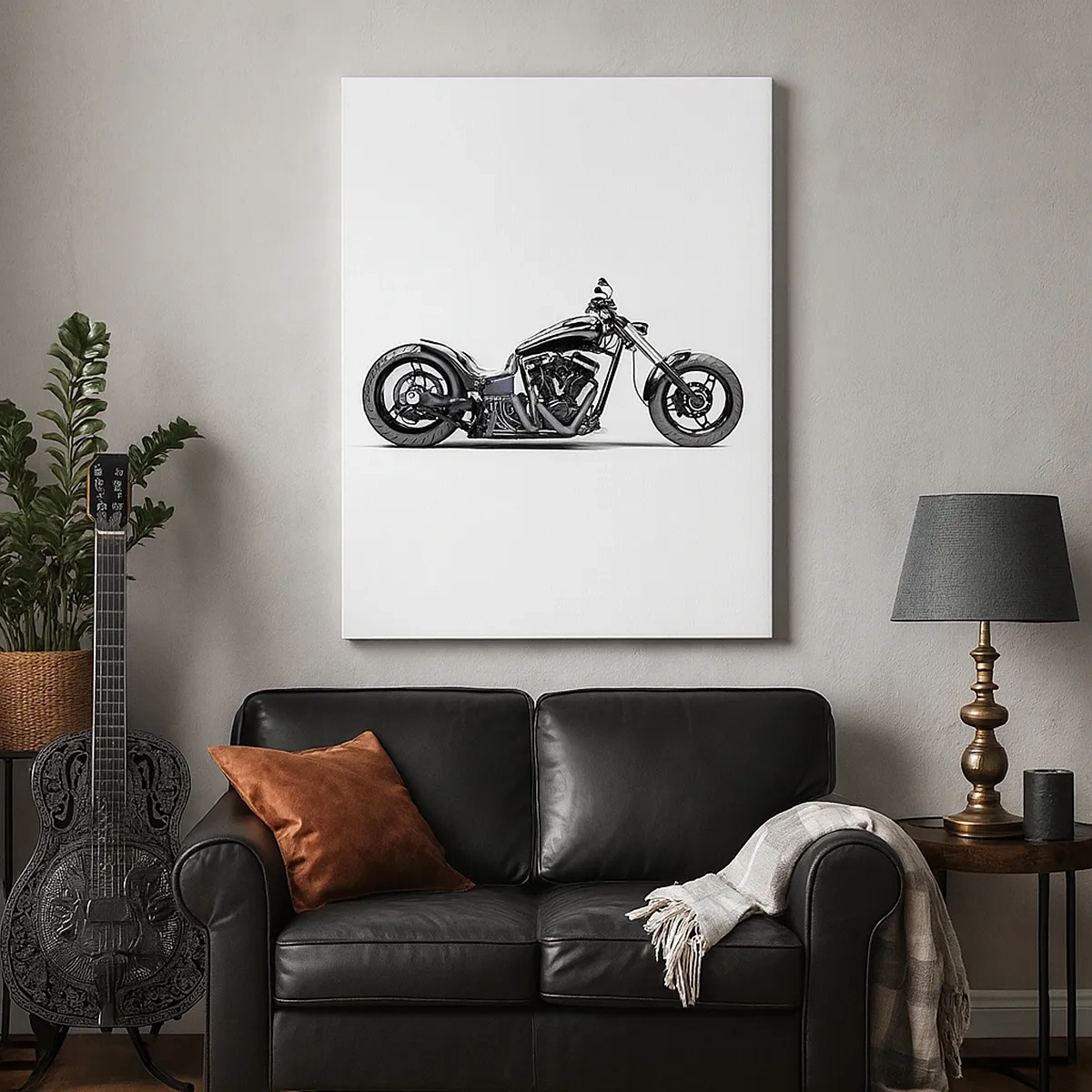 Obraz na płótnie - Motocykl chopper w stylu custom na białym tle - 50x70cm - Dla kochających wolność - Nowoczesna dekoracja ścienna do salonu, kuchni i sypialni ARTTOR